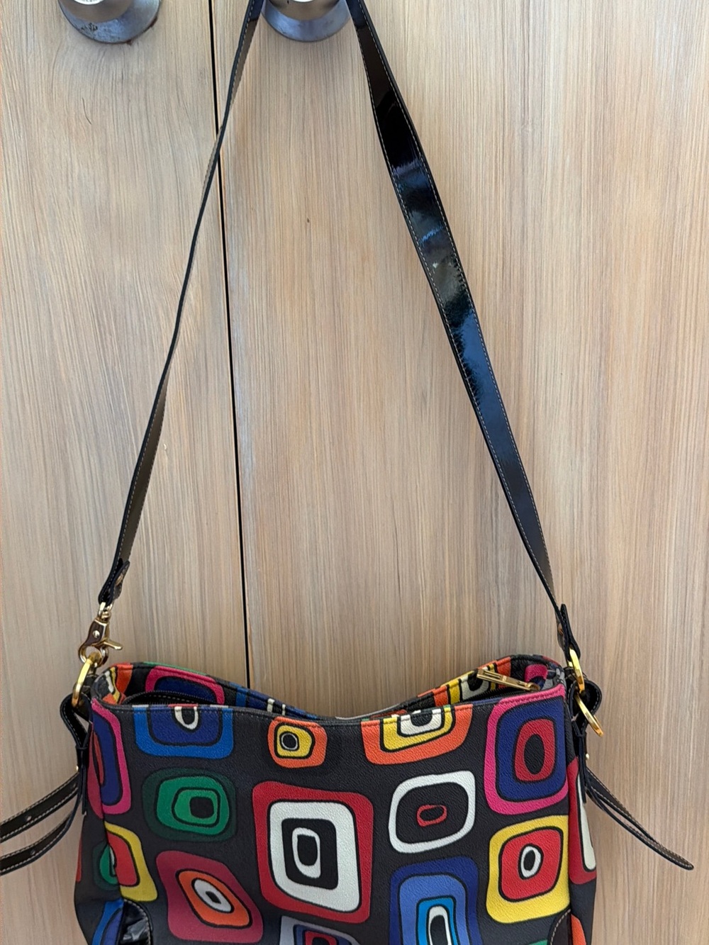 Multicolor Swirl Pattern Crossbody Bag with Black Patent Trim